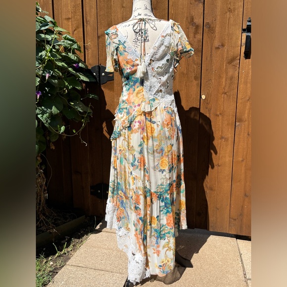 Anthropologie V-neck Ruffle Lace Dress Ivory Combo Floral Hi-Low Maxi Size 6 NWT - Picture 2 of 11